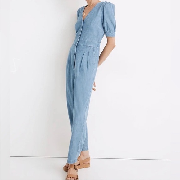Madewell Denim Puff-Sleeve Button-Front Jumpsuit - Size 12 - Picture 2 of 8
